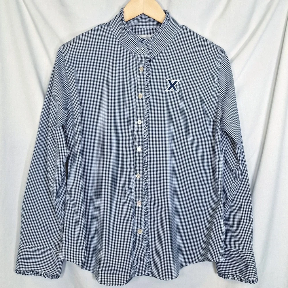 Xavier Musketeers Peter Millar XL Blouse Blue Check Gingham No Iron X Logo Ruffl - Picture 1 of 9